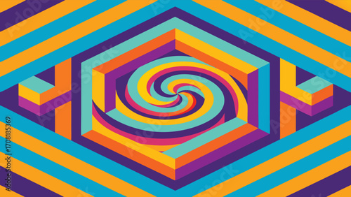 Psychedelic hexagonal geometric pattern with a swirling vortex center in vibrant colors vector illustration