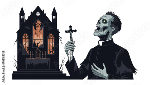 Undead Priest and Spooky Church: A ghoulish priest, rises his cross up with open mouth in front of a dark, eerie church. A scene of gothic horror. 