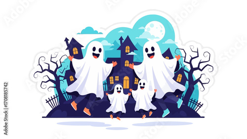 Spooky Halloween Night: A cheerful ghost family frolics under a full moon against a haunted house backdrop, inviting viewers to experience the thrill of Halloween. 