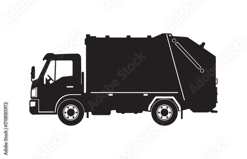 Garbage truck symbol. Lateral view. Black silhouette. Vector flat graphic design.