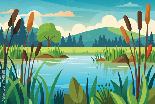 Stunning summer landscape vector illustration of a tranquil lake reflecting the blue sky and mountains with green forest and grass