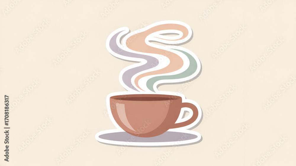 Obraz premium Aesthetic coffee cup sticker with colorful steam on a beige background