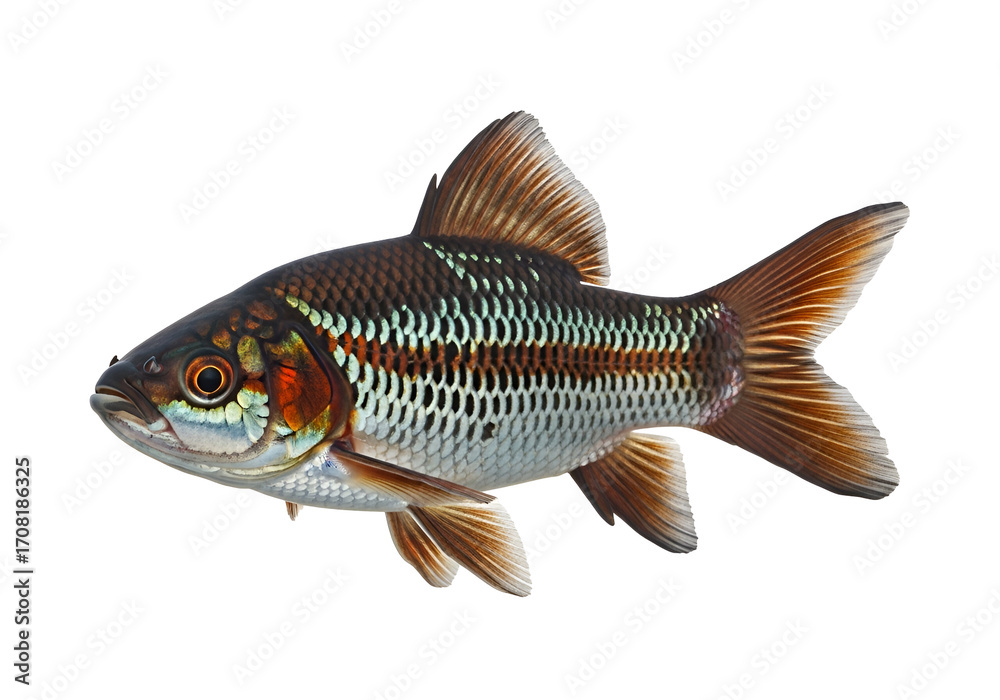 Fototapeta premium A detailed close-up view of a vibrantly hued fish, showcasing intricate patterns and a striking color palette against a stark black background.
