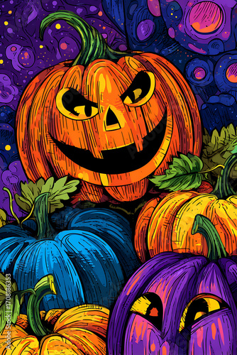 Colorful Halloween Pumpkins with Grinning Faces Surrounded by Vibrant Background Patterns