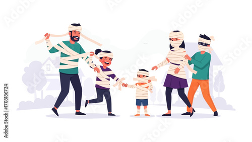 Family Halloween Fun: A playful group of family members embraces the spooky spirit, donning creative mummy costumes and reveling in the excitement of a fun-filled Halloween scene.