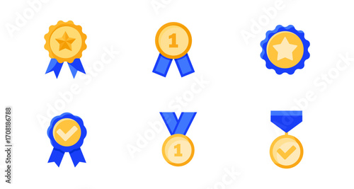 Award and medal icons set with blue ribbons and gold accents