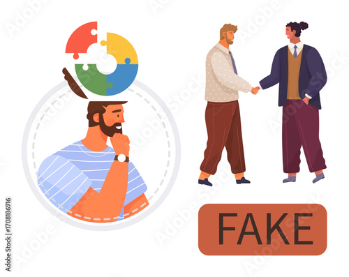 Thoughtful man with puzzle pieces above his head, two people shaking hands, Fake label. Ideal for trust, deception, decision-making, relationships, conflict resolution, business ethics psychology