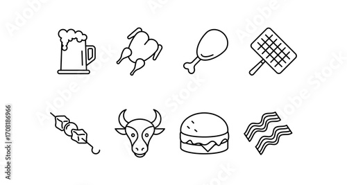 Outline icons of food and drinks for barbecue and grilling themes