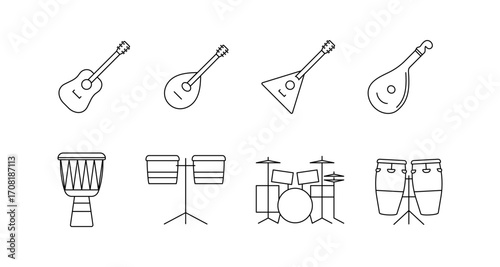 Outline instruments: guitar, mandolin, balalaika, drums, bongos in minimalist style