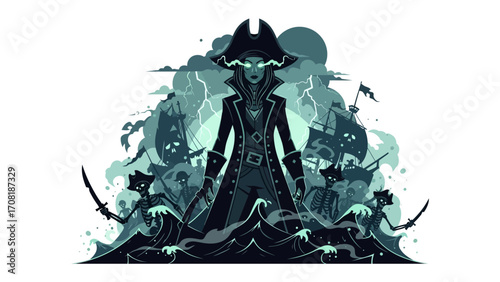 Captain of the Tempest: A formidable pirate stands defiantly against a swirling tempest, surrounded by ghostly galleons, embodying the raw power and dread of the high seas.