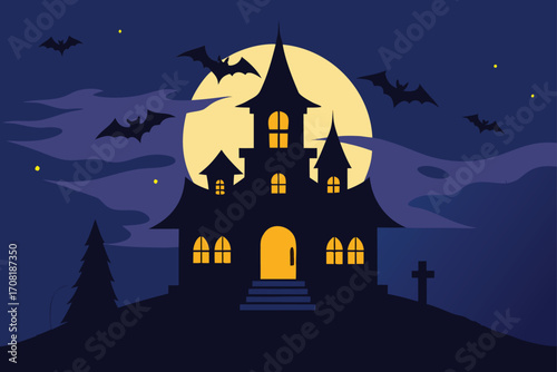 Halloween house with bats and moon on background