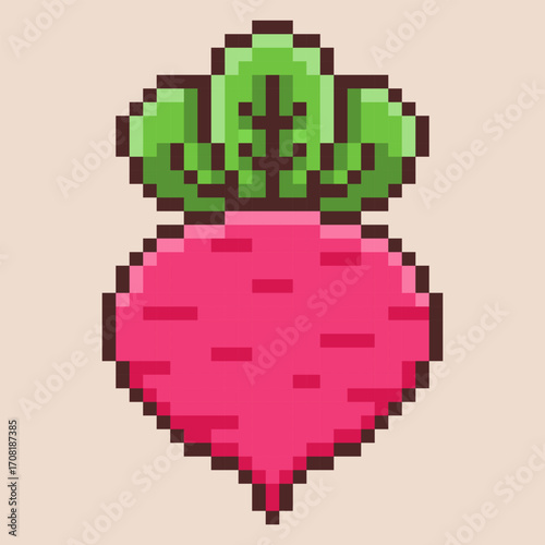 Fresh radish or beet icon in a retro pixel art style. This 8-bit illustration of a root vegetable with leafy greens is a perfect symbol for healthy eating, farming and organic produce