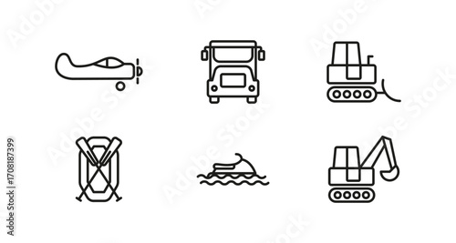 Linear icons set: transport vehicles including plane, bus, boat, and excavator