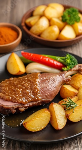 Roasted duck leg with golden roasted potatoes and vegetables, drizzled with savory sauce, presented on a dark plate.