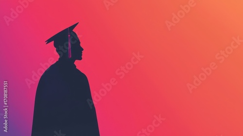 A silhouette of a man in a graduation cap and gown against a gradient background.