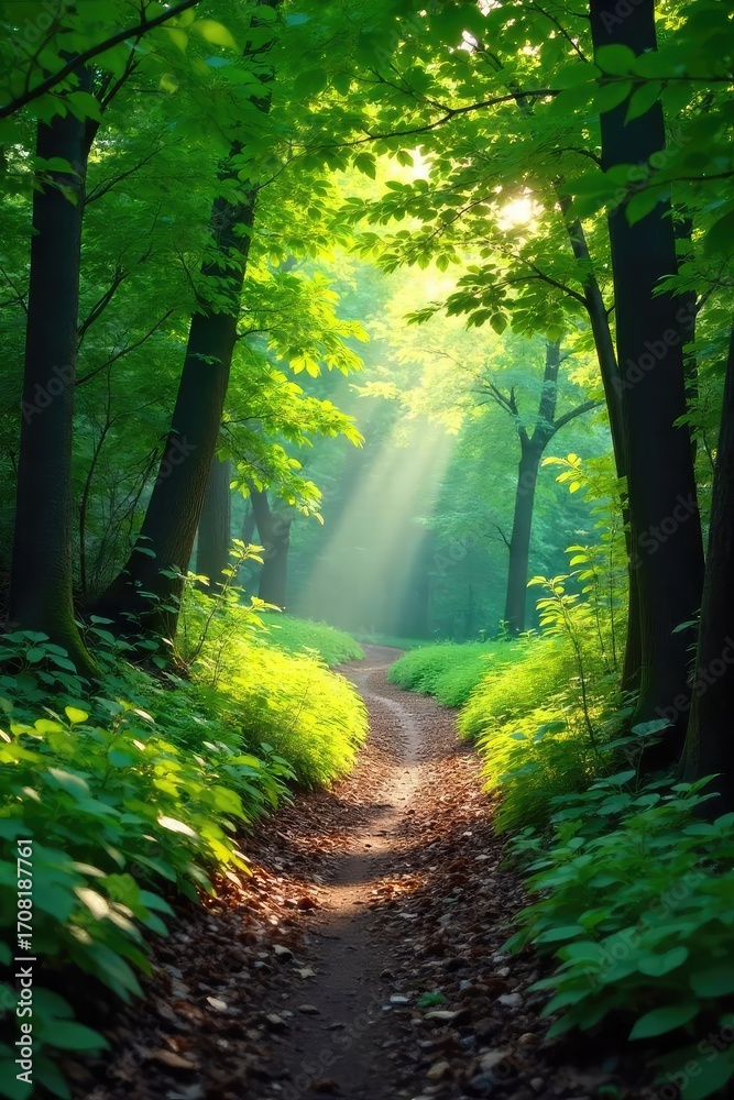 Naklejka premium Sunlight dappling through lush green canopy onto a forest trail, leaves and branches creating a natural archway Perfect for adventure, nature, and travel themes , travel, foliage