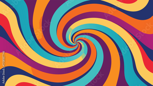 Psychedelic Swirl Pattern in Retro Colors on Dark Blue Background spiral vortex