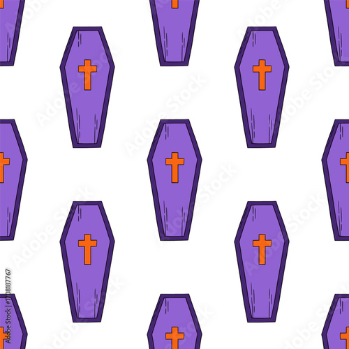 Happy Halloween seamless pattern with stylish purple coffins with orange cross. Print, wrapping paper, fabric, textile, wallpaper, background