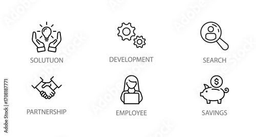 Linear icons of business concepts: solution, development, search, partnership, employee, savings