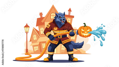 Spooky Firefighter: A unique illustration of a werewolf firefighter, humorously extinguishing a blazing jack-o'-lantern with a water hose, all set against a spooky house background.