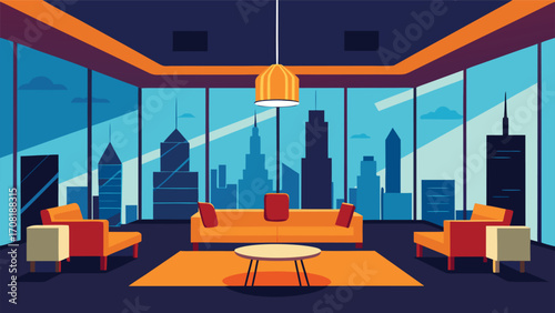 Luxurious penthouse suite overlooking bustling city skyline elegant interior design