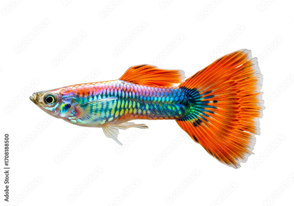 Fototapeta premium Vibrant, colorful fish with elaborate fins showcases intricate patterns and hues against a stark black backdrop.