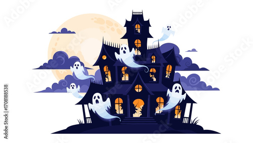 Spooky House Halloween: Spooky house, ghosts, the night, full moon and a chilling Halloween scene. 