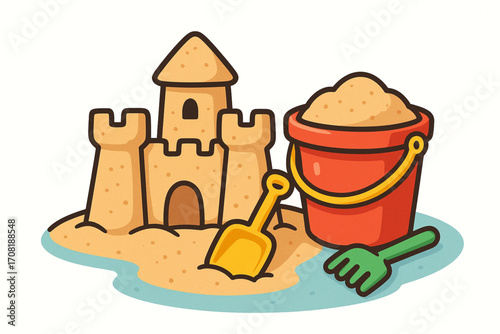 Cartoon sandcastle vector illustration with bucket, shovel, and beach toys