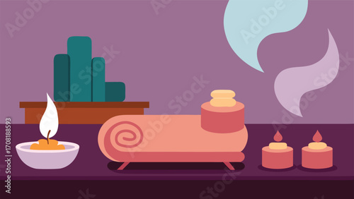 Luxurious spa room vector illustration with candles and plush towels