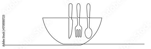 Continuous line art of cutlery consisting of a bowl, fork, spoon, and knife. This icon is for a banner sticker or a restaurant logo.