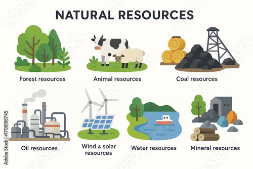 Educational infographic vector illustration of natural resources: forest, animal, soil, coal, oil, wind, solar, water, and minerals