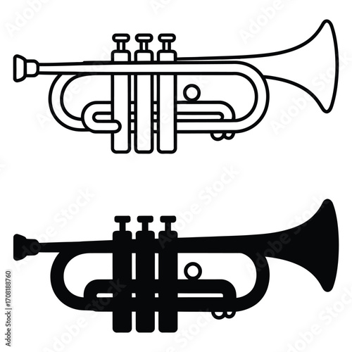 Outline and silhouette of a trumpet musical instrument