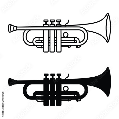Outline and silhouette of a trumpet musical instrument