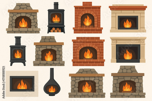Vector illustration of fireplaces and stoves in rustic, modern, and decorative styles