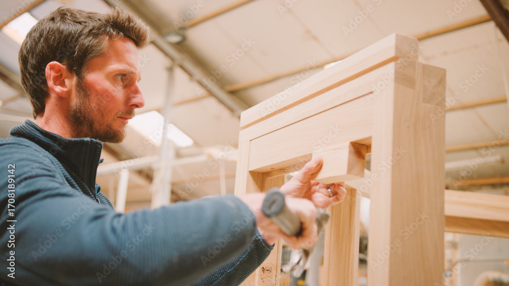 Fototapeta premium Close Up Of Carpenter In Workshop Building Wooden Window Frame