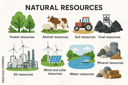 Educational infographic vector illustration of natural resources: forest, animal, soil, coal, oil, wind, solar, water, and minerals