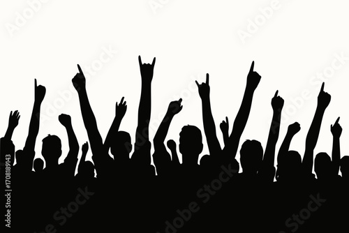 Silhouette vector illustration of cheering crowd at concert or festival with raised hands