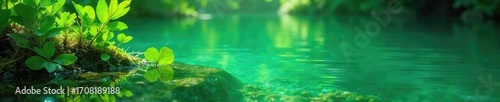 Vibrant green hues of shallow water, reflecting sunlight and aquatic plants Perfect for nature, ecology, and environmental themes Ideal for websites, brochures, and publications , pond, lake
