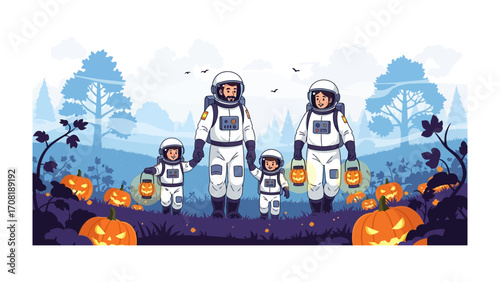 Halloween Spacewalk: An astronaut family, dressed in space suits, strolls through a whimsical Halloween scene, lantern in hand, with pumpkins and trees, full of festive wonder.