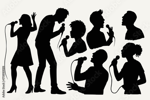 Silhouette vector illustration of people singing with microphones in expressive poses