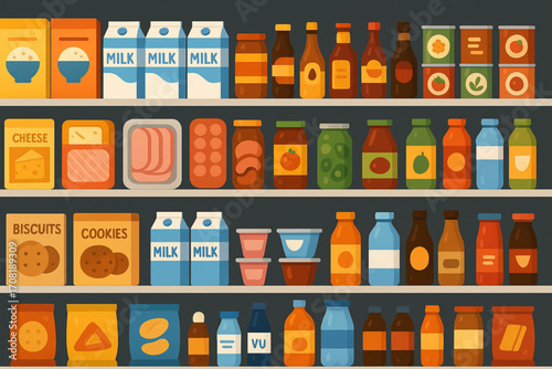 Vector illustration of a supermarket grocery store shelf fully stocked with food and drinks