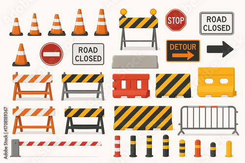 Vector illustration of construction and road safety barriers with traffic cones, signs, and fences