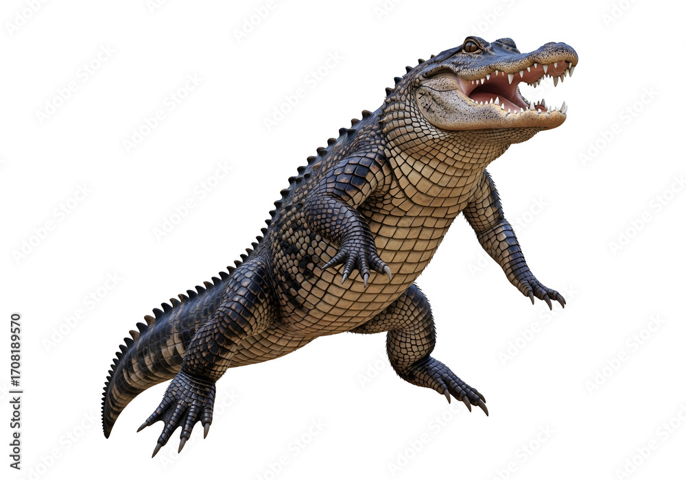 Fototapeta premium A powerful alligator poised in mid-leap against a stark black background, showcasing its intricate scales and sharp teeth.