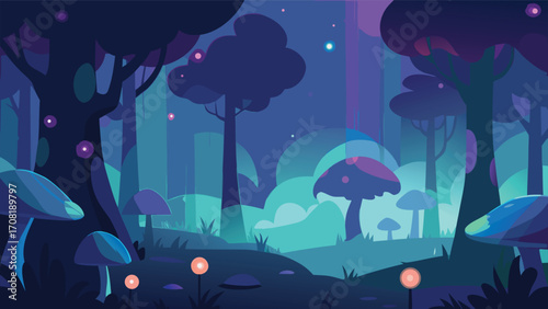 Enchanting magical forest scene with glowing mushrooms and ethereal light vector illustration