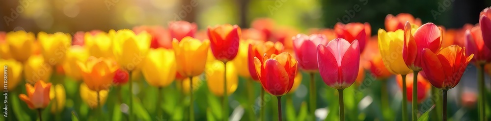 Fototapeta premium Vibrant tulips in a lush garden bursting with the colours of spring A stunning display of yellow, pink, and orange blossoms bathed in sunlight , texture, stem, blossoming