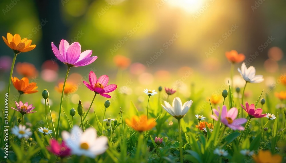 Fototapeta premium Vibrant wildflowers blooming in a lush meadow bathed in the warm sunlight of springtime Perfect for themes of renewal, growth, and the beauty of nature's awakening , sunlight, meadow, nature
