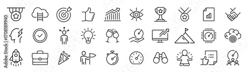 Achievement and success outline icon set. Goal, growth, teamwork, innovation, leadership line icons. Vector icons