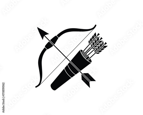 Black bow and quiver with arrows on white background