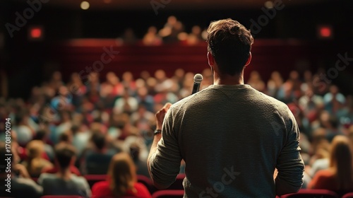 A man standing in front of a large crowd, holding a microphone and addressing the audience.