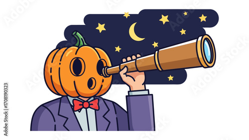 Pumpkin-headed explorer under starlit sky: An artistically rendered cartoon character with a pumpkin for a head, dressed in a tailored suit, peers intently through a telescope.